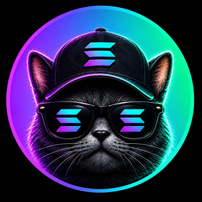 A digital illustration of a gray cat wearing a black baseball cap with a Solana logo and dark sunglasses reflecting the same logo, set against a vibrant neon gradient circle background.