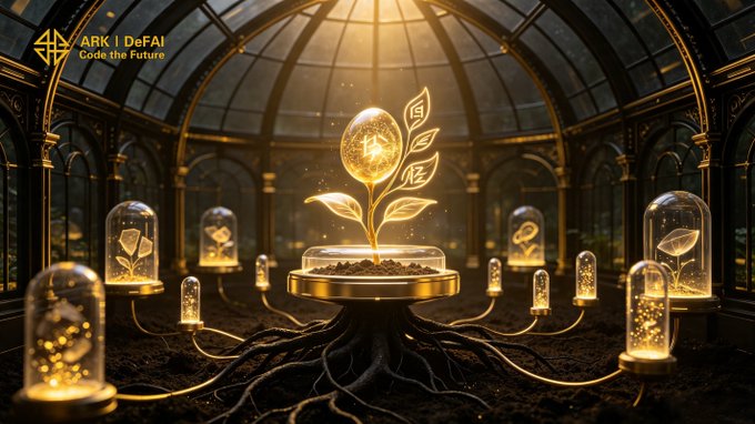 A glowing golden plant grows from interconnected roots beneath glass domes inside an ornate greenhouse, symbolizing the gradual cultivation of ARK's ecosystem. The "ARK | DeFAI - Code the Future" logo appears in the top-left corner, tying the imagery to the message that ARK's growth comes from the daily contributions of AI agents, creators, and community members—each "seed" planted strengthening the network's future.