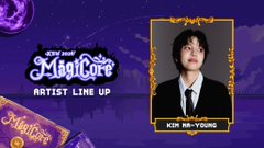 A promotional graphic for 'Magicare' featuring Kim Myung-sung (KIM MYUNG-SUNG) as part of the artist lineup, with purple graphics and a portrait of the artist in a suit.