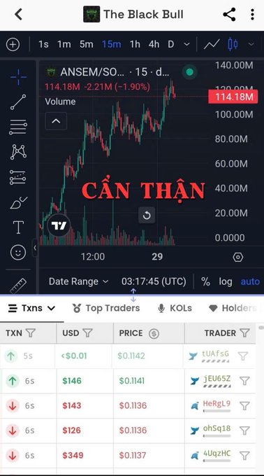 A TradingView-style chart of the $ANSEM token on the Solana network is overlaid with a bold red "CẨN THẬN" (Vietnamese for "Be careful") warning, emphasizing the post's caution about extreme supply concentration where a single wallet holds 60% of tokens at a market cap of $114.18M. Recent transactions show active trading in the $0.1136-$0.1142 range, visually reinforcing the high-risk FOMO scenario the author is warning against.