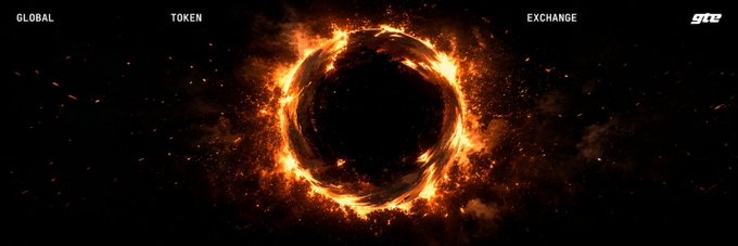 A dark cosmic scene featuring a fiery, glowing ring of fire and sparks with navigation text 'GLOBAL', 'TOKEN', 'EXCHANGE', and a 'gtr' logo.