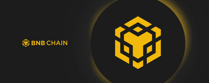 A black graphic displays the BNB CHAIN logo, featuring a yellow geometric cube design and matching text.