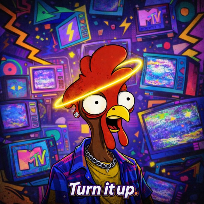 A cartoon rooster with a yellow halo, wearing a chain necklace and denim jacket, standing in a retro MTV-themed background with TVs and the text 'Turn it up.'