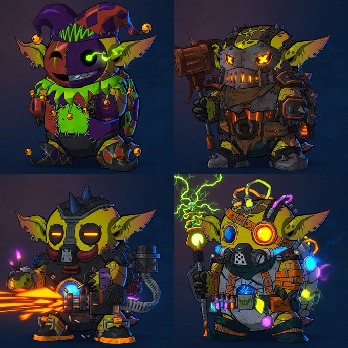 Four illustrations of goblin-like characters in various fantasy outfits including a jester, a molten-armored warrior with a hammer, a spike-helmeted gunner with a flamethrower, and a gas-masked scientist with glowing potions.