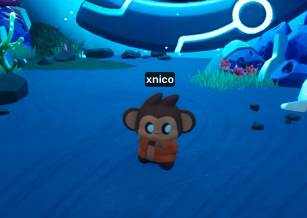 A screenshot from a 3D online game or platform, featuring a small cartoonish monkey avatar wearing an orange hoodie standing in a blue, underwater-like environment with the username "xnico" displayed above it.