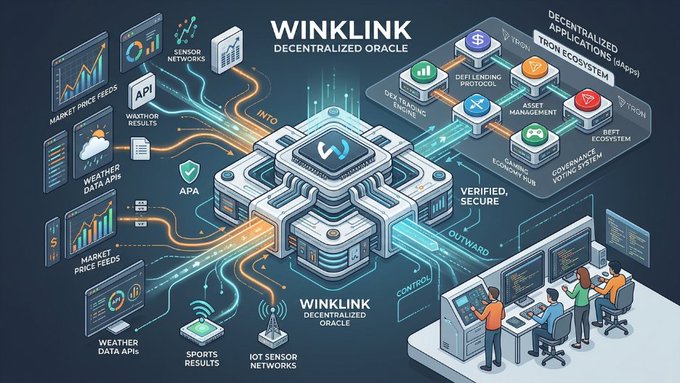 An infographic titled 'WINKLINK DECENTRALIZED ORACLE' showing a central server system connecting to various data inputs like 'MARKET PRICE FEEDS' and 'WEATHER DATA APIS', and routing 'VERIFIED' data to decentralized applications and smart contracts on platforms like 'TRON ECOSYSTEM' and 'DEFI LENDING PROTOCOL'.