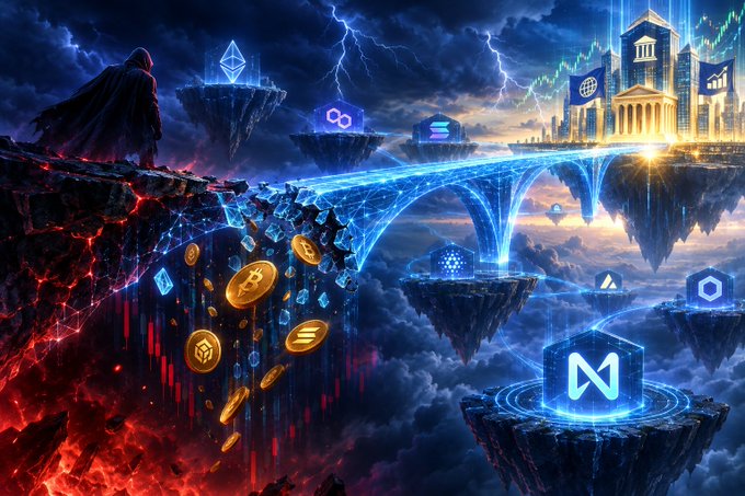 A dark hooded figure overlooks a dramatic split landscape where a fiery, crumbling cliffside on the left bleeds gold cryptocurrency coins and Ethereum logos, contrasted against a radiant floating archipelago of blockchain islands on the right bearing Polygon, Solana, and Avalanche symbols, with a glowing "X" cube and a classical financial institution crowned by stock-chart towers—visually echoing the post's dramatized narrative of $ZRO (LayerZero) as a turbulent story bridging crypto chaos and traditional finance.