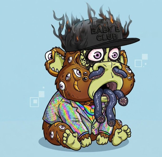 Cartoon illustration of a grotesque teddy bear with multiple eyes, tentacles, and green skin, wearing a black 'BABY B CLUB' cap surrounded by flames and a rainbow-striped suit.