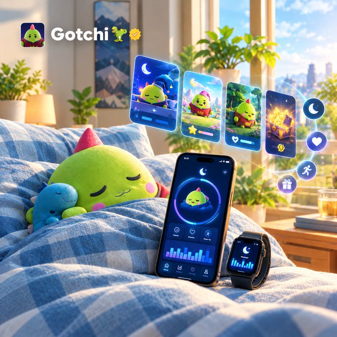 A plush green "Gotchi" mascot rests on a bed next to a smartphone and smartwatch displaying sleep tracking dashboards with dreamy night-themed character cards, illustrating how the Sleepagotchi app gamifies sleep tracking by turning health metrics into an interactive virtual pet experience. The "Gotchi" logo appears in the top left corner alongside the cute creature branding.