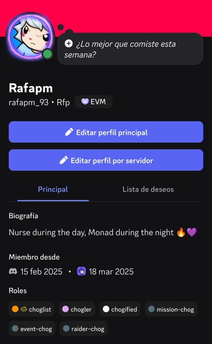 A Discord profile page for "Rafapm" (rafapm_93 · Rfp) shows buttons for editing profiles, a bio reading "Nurse during the day, Monad during the night 🔥💜", and various choglist roles including "choglist", "chogler", and "mission-chog".