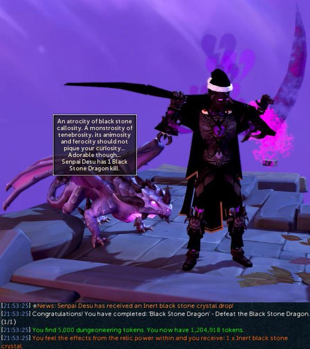 Video game screenshot of a character in dark armor standing next to a defeated dragon-like creature, with a text box describing 'An atrocity of black stone callosity' and chat logs announcing completion of the 'Black Stone Dragon' quest, rewards of 5,000 dungeon engineering tokens, and a x1 inert black stone crystal drop.