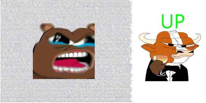 A split image meme showing a distorted, screaming bear face with rainbow tears on the left labeled "DOWN" (implied context), and a smiling cartoon bull drinking wine labeled "UP" on the right.