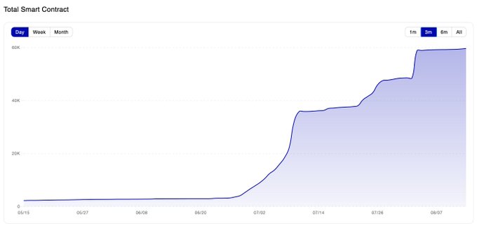 A line chart titled 'Total Smart Contract' showing significant growth over a 3-month period from May to August, with values rising sharply from near zero to approximately 60K.