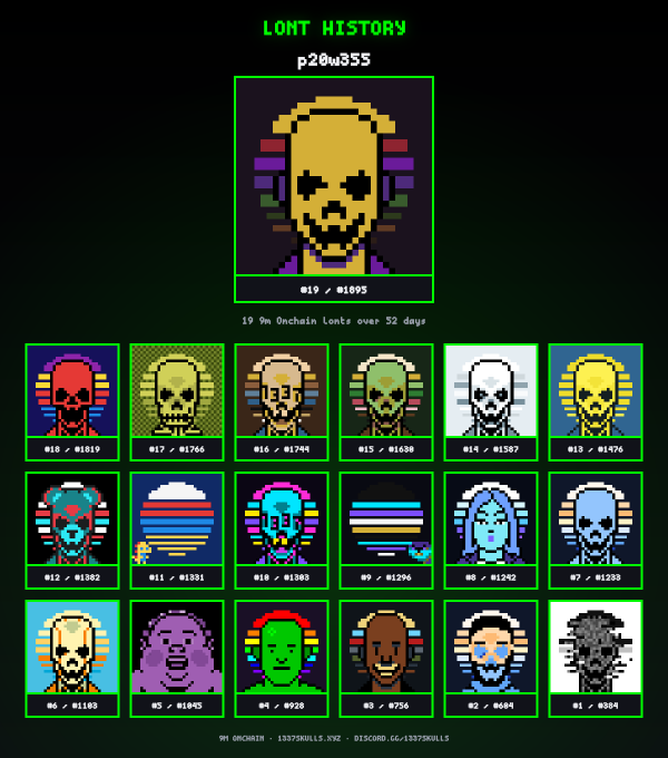 A grid displaying pixel art 'LONT HISTORY' for user 'p20w355', showing 19 various skeleton and character NFT portraits on a black background.