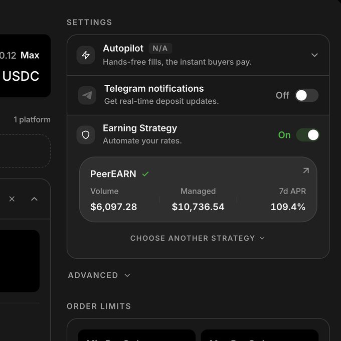Settings panel showing Autopilot toggled, Telegram notifications Off, and Earning Strategy On with PeerEARN showing Volume $6,097.28, Managed $10,736.54, and 7d APR 109.4%.