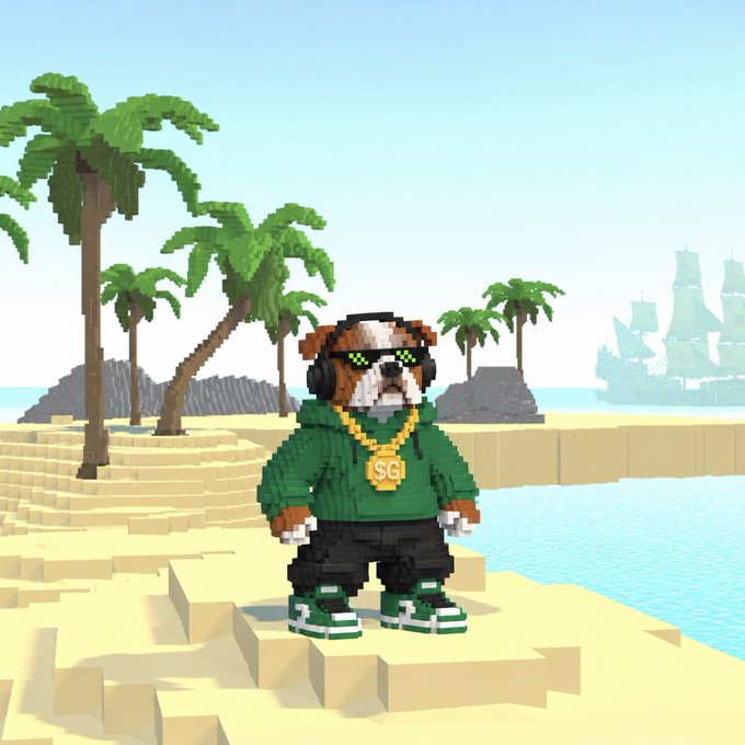 A pixel art style bulldog character wearing sunglasses, a green hoodie, black pants, green sneakers, and a gold chain with an '$G' pendant, standing on a tropical beach with palm trees and a pirate ship in the background.