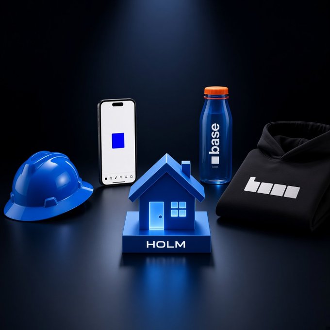 3D-rendered product display featuring a blue construction helmet, smartphone, blue house model labeled "HOLM", a blue "base" branded water bottle, and a black hoodie, all set against a dark blue background.