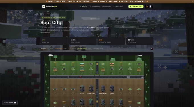A screenshot of the StealthePot game on stakehotpot showing a 'Spot City' game session with an active bet of $5.205, displaying a farm-themed playing field and leaderboard information.