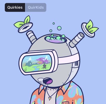 An NFT character named 'Quirkies' is shown featuring a figure in a colorful shirt wearing a helmet with a visor reflecting a landscape scene.