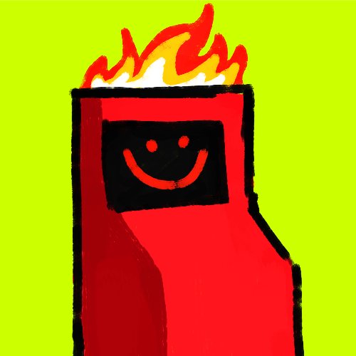 A cartoon illustration of a red gas pump with flames on top and a smiling face on its display, set against a bright yellow-green background. The image relates to the post as a playful "RH Machine" PFP (profile picture) promoting the Robinhood NFT community.