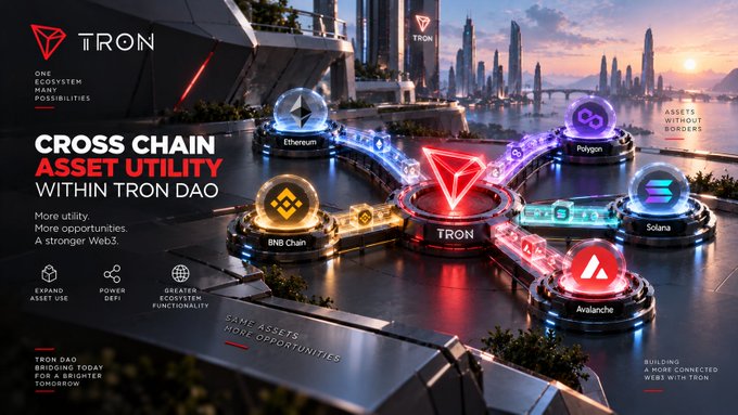 A promotional banner for TRON DAO featuring the text "CROSS CHAIN ASSET UTILITY WITHIN TRON DAO" alongside logos for Ethereum, BNB Chain, Polygon, Avalanche, and Solana.