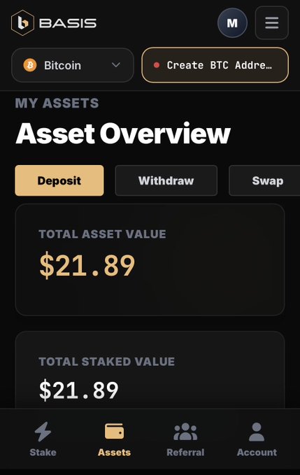 A screenshot of the BASIS crypto app showing an Asset Overview with a Total Asset Value of $21.89 and Total Staked Value of $21.89, with Bitcoin selected as the active asset. The image visually demonstrates the BASIS platform being promoted in the accompanying post about an arbitrage Giveaway event offering 20 USDT to participants.