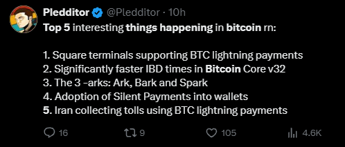 A tweet from @Pledditor lists 'Top 5 interesting things happening in bitcoin rn:' including Square terminals supporting BTC lightning payments, faster IBD times in Bitcoin Core v32, 'The 3-arks: Ark, Bark and Spark,' Silent Payments adoption, and Iran collecting tolls via BTC lightning.