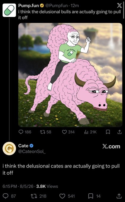 The image shows a tweet from Pump.fun (@Pumpfun) featuring a meme of a person with a pill-shaped head riding a pink bull, stating "i think the delusional bulls are actually going to pull it off" with 21K views. Below it, Cate (@CateonSol) responds with a mirrored message saying "i think the delusional cates are actually going to pull it off," playfully swapping "bulls" for "cates" as a witty reply to @Pumpfun's "YOUR MOVE" challenge.