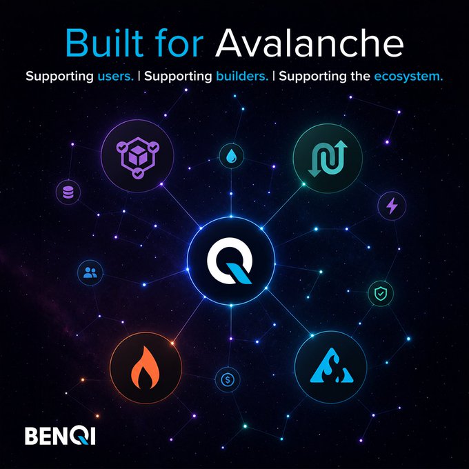 A promotional graphic titled 'Built for Avalanche' by BENQI, featuring a network diagram of connected ecosystem icons surrounding the central BENQI logo.