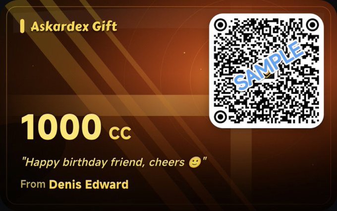 An 'Askardex Gift' digital card showing '1000 cc' with a message 'Happy birthday friend, cheers 😉' from Denis Edward, featuring a sample QR code.