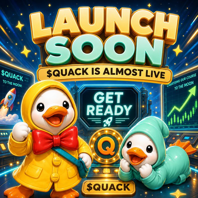 The image features two cartoon ducks standing next to each other with a banner that says "Lunch is almost here. Just a little more - #QUACK goes live. The hype is building, the preparations are done, and we're getting ready for takeoff." The ducks appear to be wearing raincoats and holding umbrellas, suggesting they might be in an environment where it has been raining or about to rain.