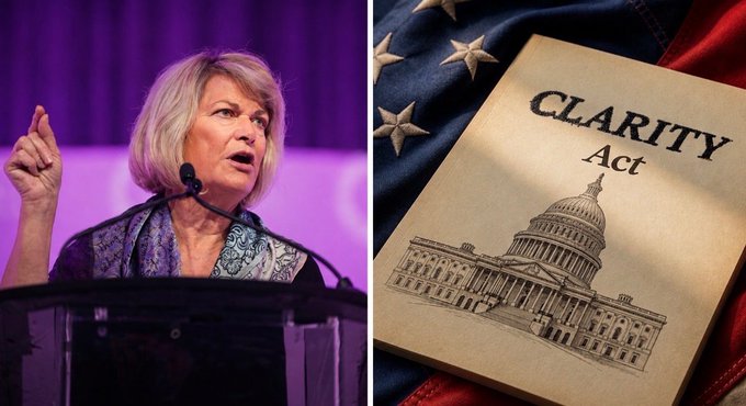 A composite image showing Senator Cynthia Lummis speaking at a podium on the left, alongside an image of the 'CLARITY Act' document resting on an American flag on the right.