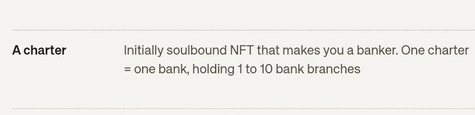 A text description reading: 'A charter - Initially soulbound NFT that makes you a banker. One charter = one bank, holding 1 to 10 bank branches.'
