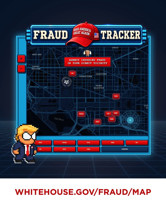 A retro-style pixel art graphic titled 'FRAUD TRACKER' displays a map with red location pins indicating government agency crashes, featuring a pixelated Donald Trump and a 'Make America Great Again' hat, with the URL 'WHITEHOUSE.GOV/FRAUD/MAP' displayed at the bottom.