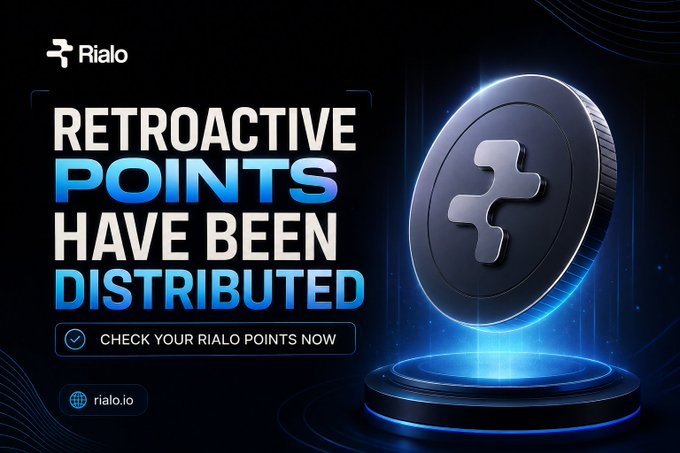 A promotional banner with the Rialo logo announcing 'RETROACTIVE POINTS HAVE BEEN DISTRIBUTED' next to a 3D metallic coin emblem.