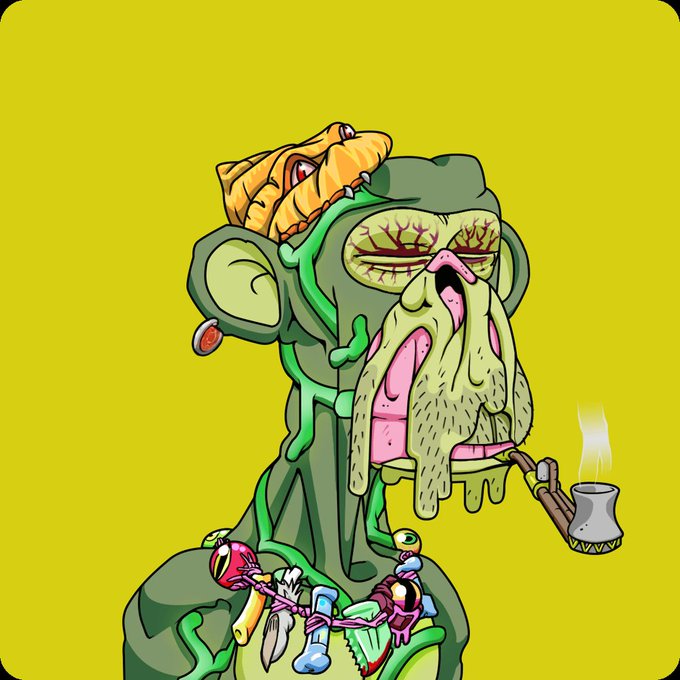 An illustration of a grotesque, green-skinned character with bloodshot eyes, a drooping beard, and a small dragon on its head, smoking a pipe against a yellow background.