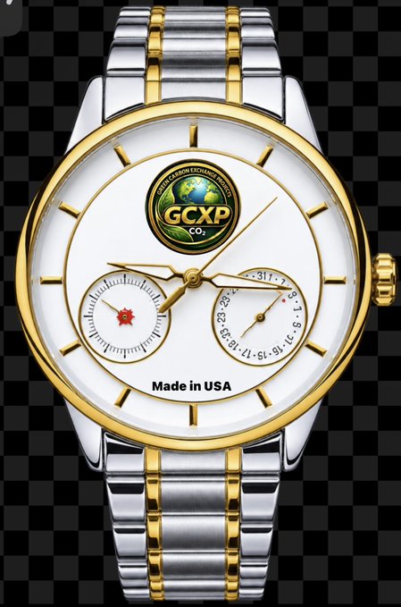 A gold and silver wristwatch with a white face featuring a 'GCXP CO2' logo with the text 'GREEN CARBON EXCHANGE PROTOCOL', and 'Made in USA' printed near the bottom.