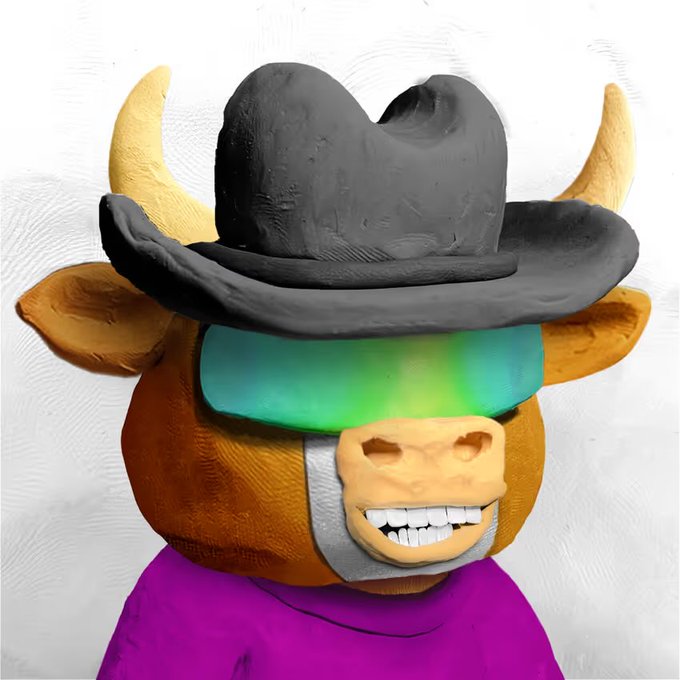 A 3D-rendered anthropomorphic cow character wearing a black cowboy hat, green visor, and purple shirt, displaying a wide toothy grin.