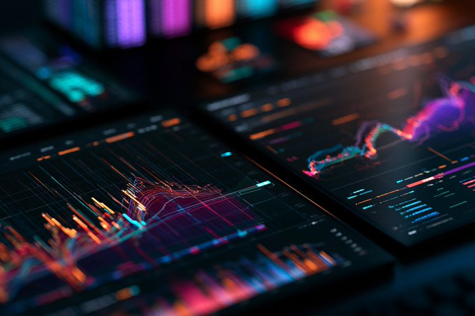 Neon-lit financial charts and colorful market-data graphs fill multiple screens, visually matching Bella Alpha’s promise of signals, research, insights, and AI-powered crypto market context at t.me/BellaSignalBot. No specific numbers, tickers, or other readable text are visible.