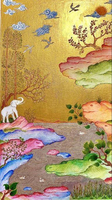 A vibrant artwork on a gold-leaf background depicting a white elephant, colorful rocky landscapes in pinks, blues and greens, a winding river, trees, and stylized clouds with a sun.