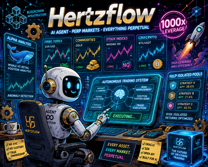 A promotional graphic for 'Hertzflow' featuring an AI trading robot, advertising '1000X LEVERAGE', 'AI AGENT • PERP MARKETS • EVERYTHING PERPETUAL', and isolated pools for 'WHALE VS RETAIL', 'GRIEG FOREX', 'GOLD', 'NASDAQ 100', and 'BTC/USDT'.