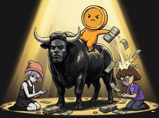 An angry orange figure rides a black bull while money rains down on two kneeling figures, symbolizing winners of a $500 $ANSEM giveaway picked by Grok, @CodeXBT, and @Tukytuky_.

The image visually celebrates the giveaway winners, with the triumphant bull representing the profitable trade and the falling cash depicting the $500 $ANSEM prize being awarded.