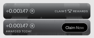 Two stacked metallic cards/tokens displaying "+0.00147" with text "CLAIM REWARDS," "CLAIM NOW," and "AWARDED TODAY" alongside what appears to be a small trophy icon.