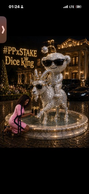 A nighttime scene featuring a glittering bear statue wearing sunglasses, with text '#PPxSTAKE Dice King' and a woman in pink posing beside it near a fountain.