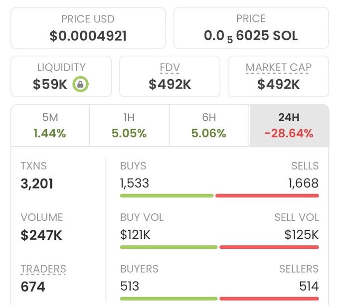 Cryptocurrency price tracking dashboard showing a token priced at $0.0004921 USD / 0.0056025 SOL, with $59K liquidity, $492K FDV/market cap, and a 24H decline of -28.64% across 3,201 transactions and 674 traders.