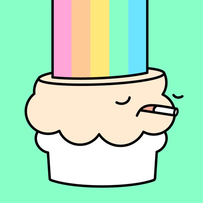 A cartoon-style illustration of a cupcake with rainbow-colored frosting, depicted with a face smoking a cigarette against a mint green background.