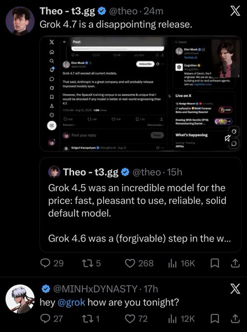 A screenshot of X (formerly Twitter) posts by 'Theo - t3.gg' (@theo) criticizing Grok 4.7 as a disappointing release and praising Grok 4.5 as an incredible model, alongside a reply from '@MINHxDYNASTY'.