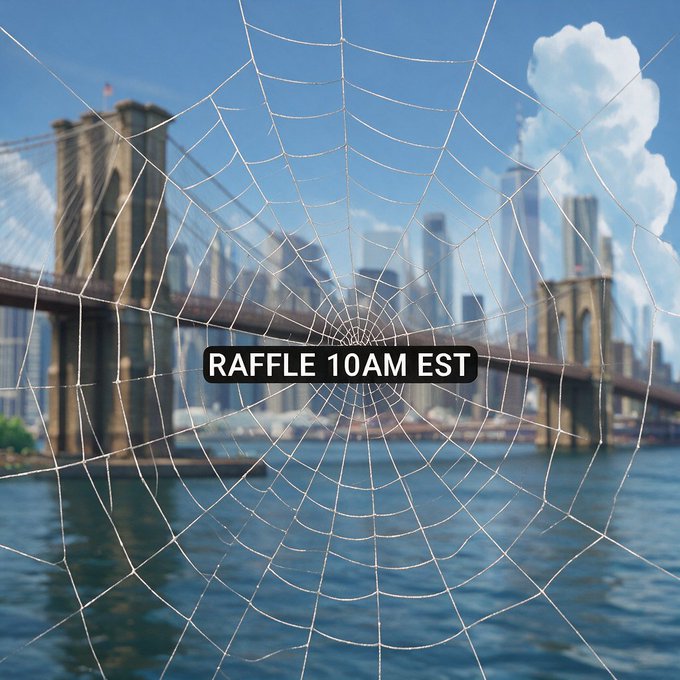 A spider web overlay covers a view of the Brooklyn Bridge and Manhattan skyline, with a text overlay reading 'RAFFLE 10AM EST'.