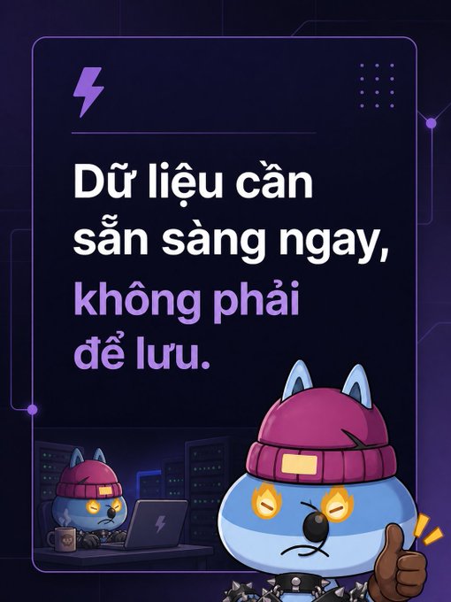 A Vietnamese advertisement featuring a blue cartoon character with a pink beanie, displaying the text 'Dữ liệu cần sẵn sàng ngay, không phải để lưu.' (Data needs to be ready now, not to be saved).