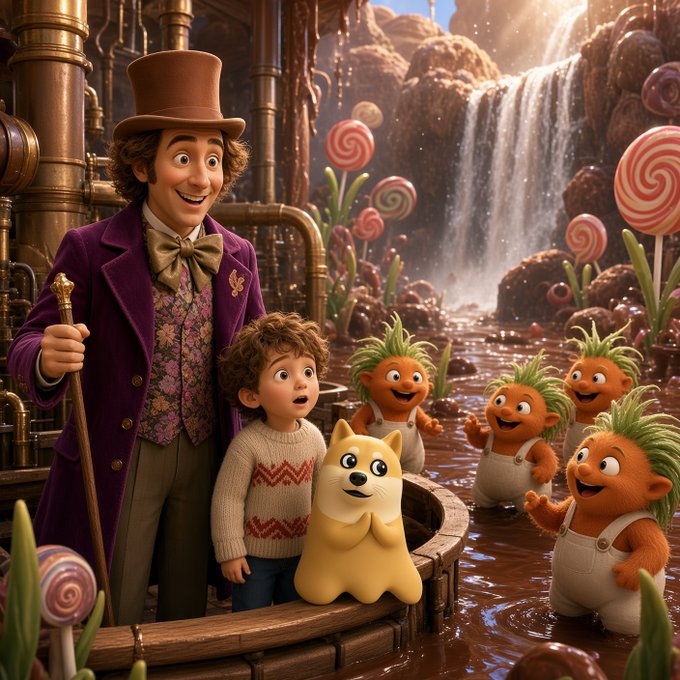 A Willy Wonka-style scene showing a man in a purple coat and top hat holding a cane, standing next to a young boy in a red sweater, a Shiba Inu dog, and several small orange creatures near a chocolate waterfall.